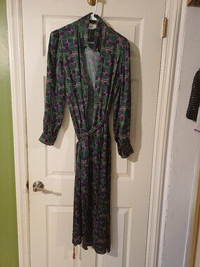 Dixie Geometric Print Midi Wrap Dress Long Sleeve Collared Green Purple